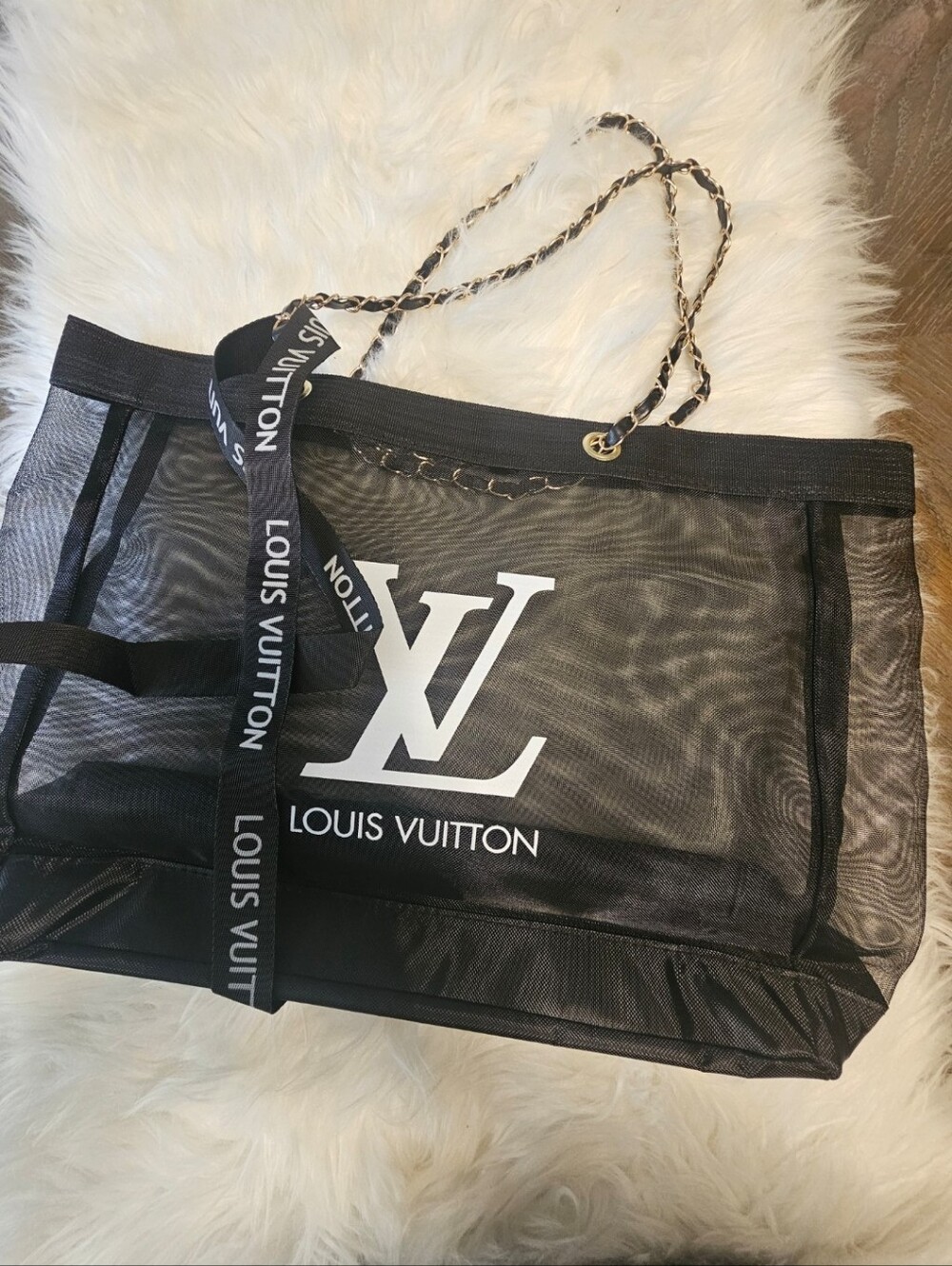 Black Mesh Shoulder Tote with Chain-Link Straps